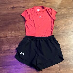 Under Armour Orange and Black Athletic Set (Top and Shorts) Medium
